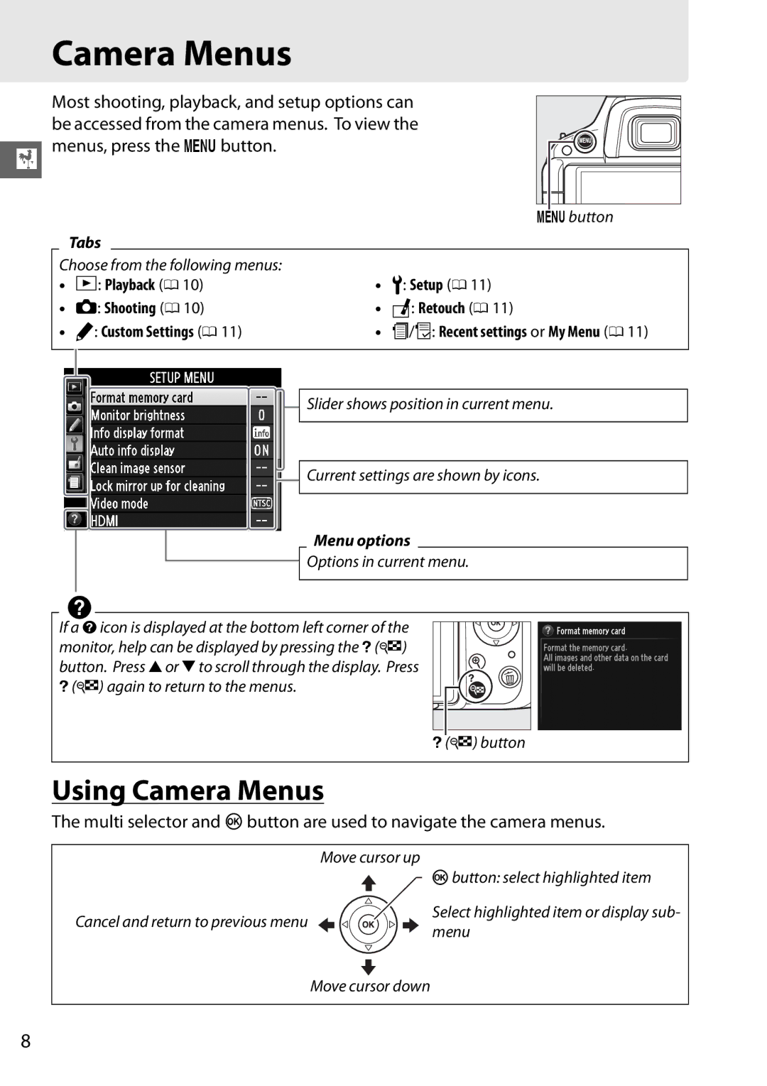 Nikon 25478B, D5100, 25476 Using Camera Menus, Playback 0, Shooting 0, Custom Settings 0 Recent settings or My Menu 0 