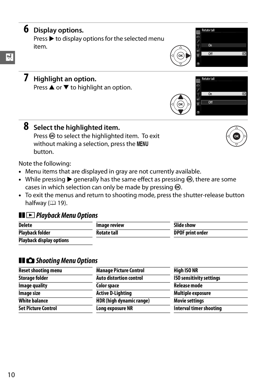 Nikon D5100 (18-55mm Kit), 25478 DPlayback Menu Options, CShooting Menu Options, Display options, Highlight an option 