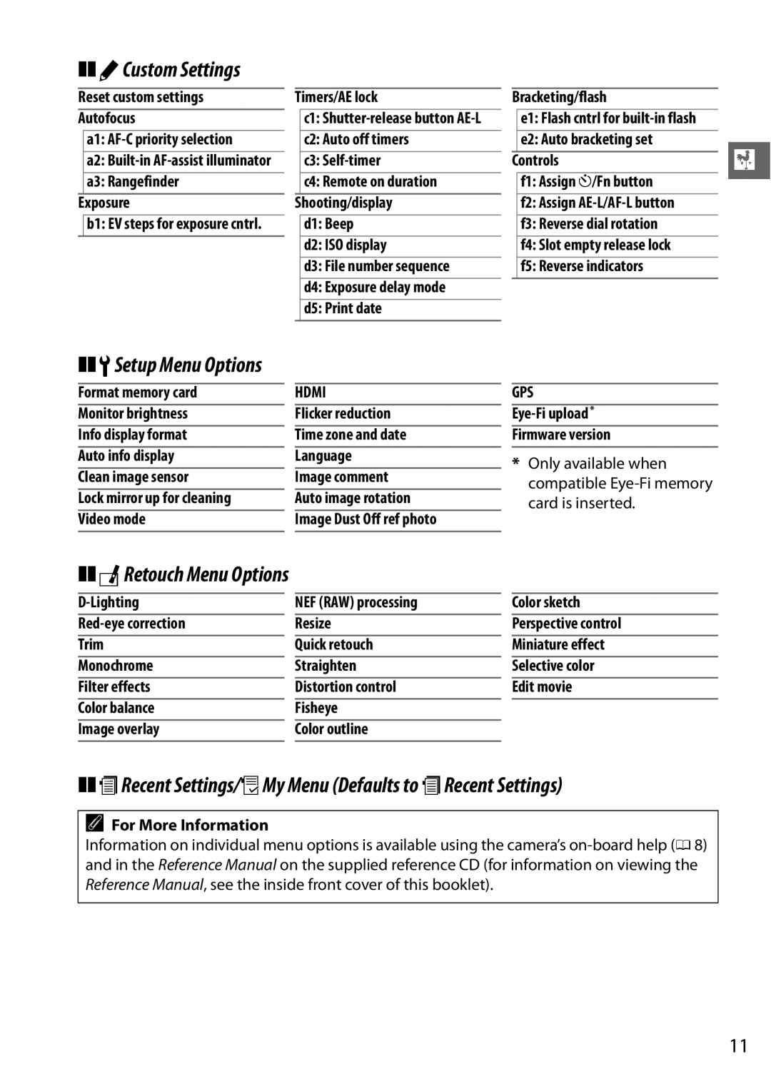 Nikon D5100 (18-55mm Kit) ACustom Settings, NRetouch Menu Options, MRecent Settings/OMy Menu Defaults to mRecent Settings 