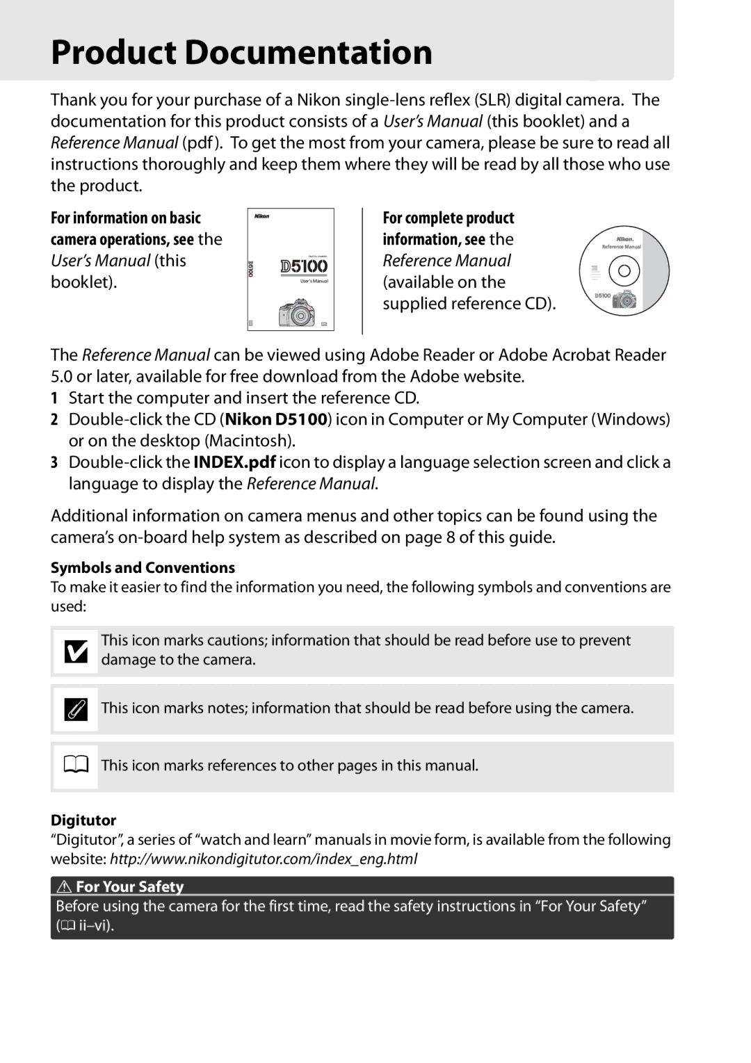 Nikon D5100 1855mm Kit, D5100 (18-55mm Kit), 25478B, 25476 Product Documentation, Symbols and Conventions, Digitutor 