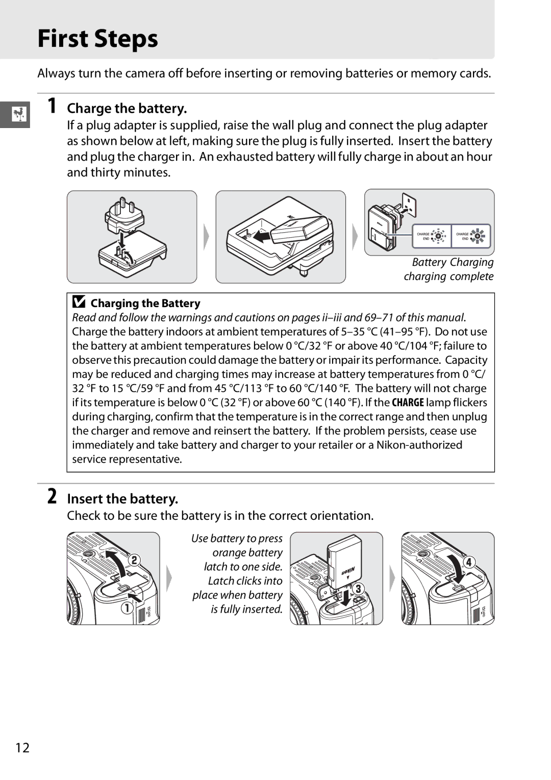 Nikon D5100 1855mm Kit, D5100 (18-55mm Kit) First Steps, Charge the battery, Insert the battery, Charging the Battery 