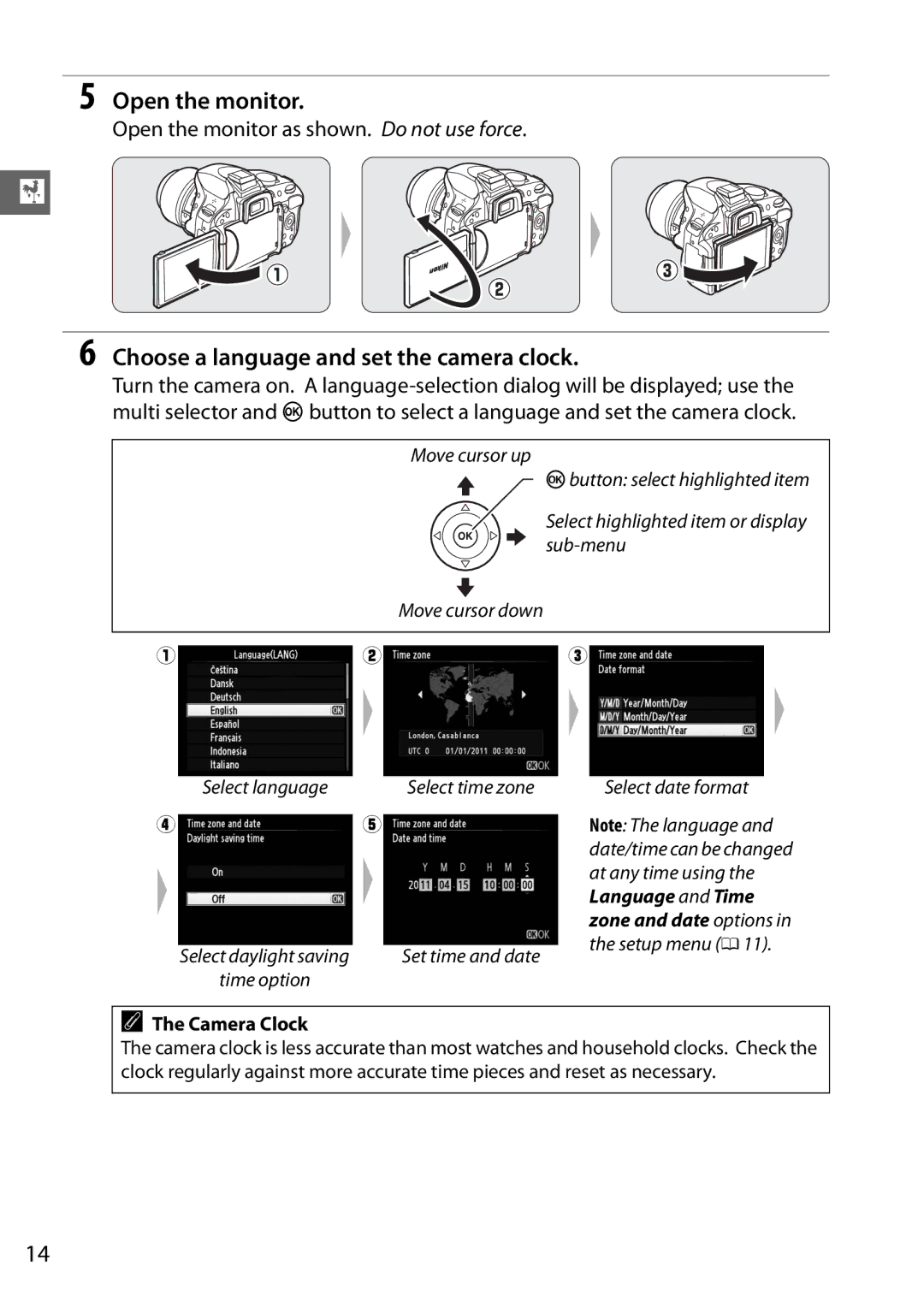 Nikon 25478B Choose a language and set the camera clock, Open the monitor as shown. Do not use force, Camera Clock 