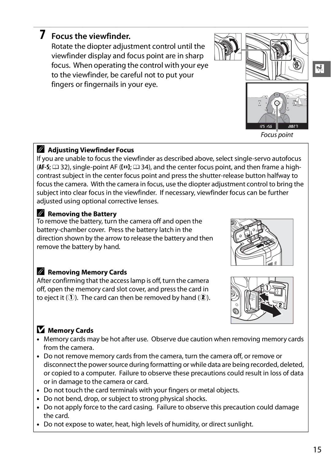 Nikon 25476, D5100, 25478 Focus the viewfinder, Adjusting Viewfinder Focus, Removing the Battery, Removing Memory Cards 