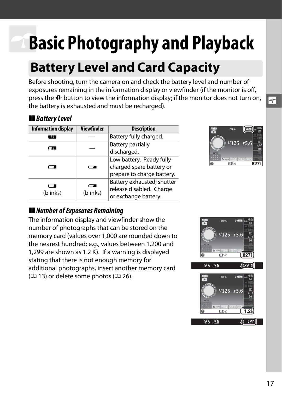 Nikon D5100 (18-55mm Kit), D5100 1855mm Kit Battery Level and Card Capacity, Number of Exposures Remaining, Description 