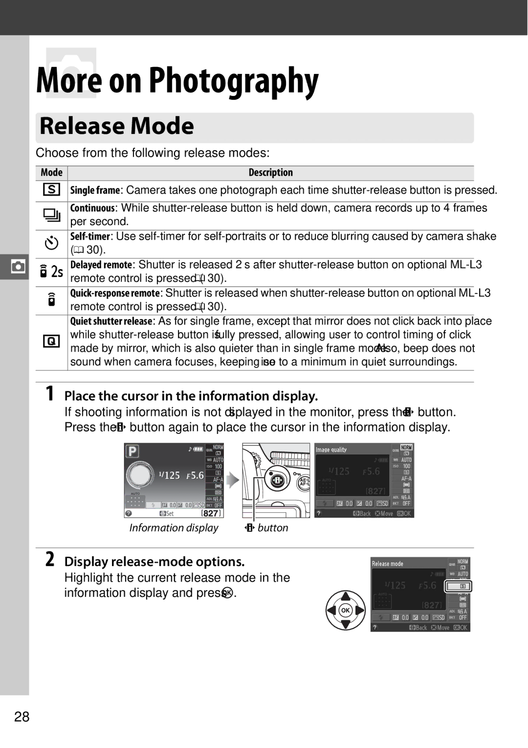 Nikon D5100 (18-55mm Kit) Release Mode, Place the cursor in the information display, Display release-mode options 