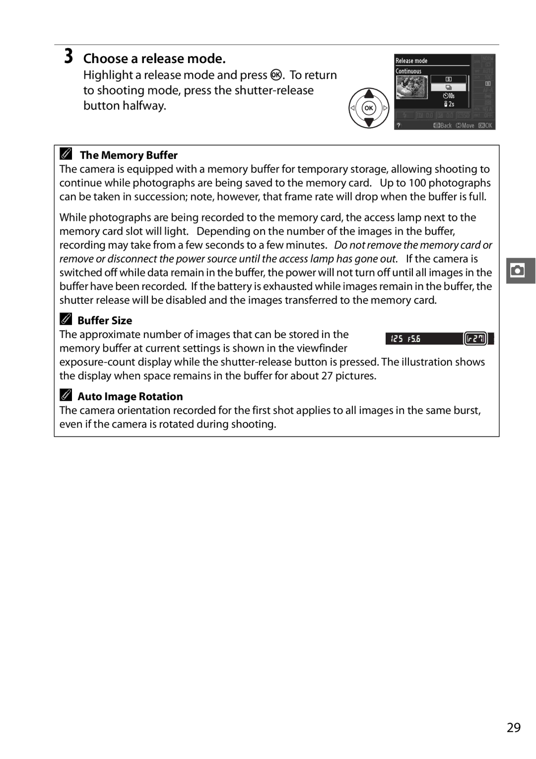 Nikon D5100 (18-55mm Kit), D5100 1855mm Kit, 25478B, 25476 user manual Choose a release mode, Memory Buffer, Buffer Size 