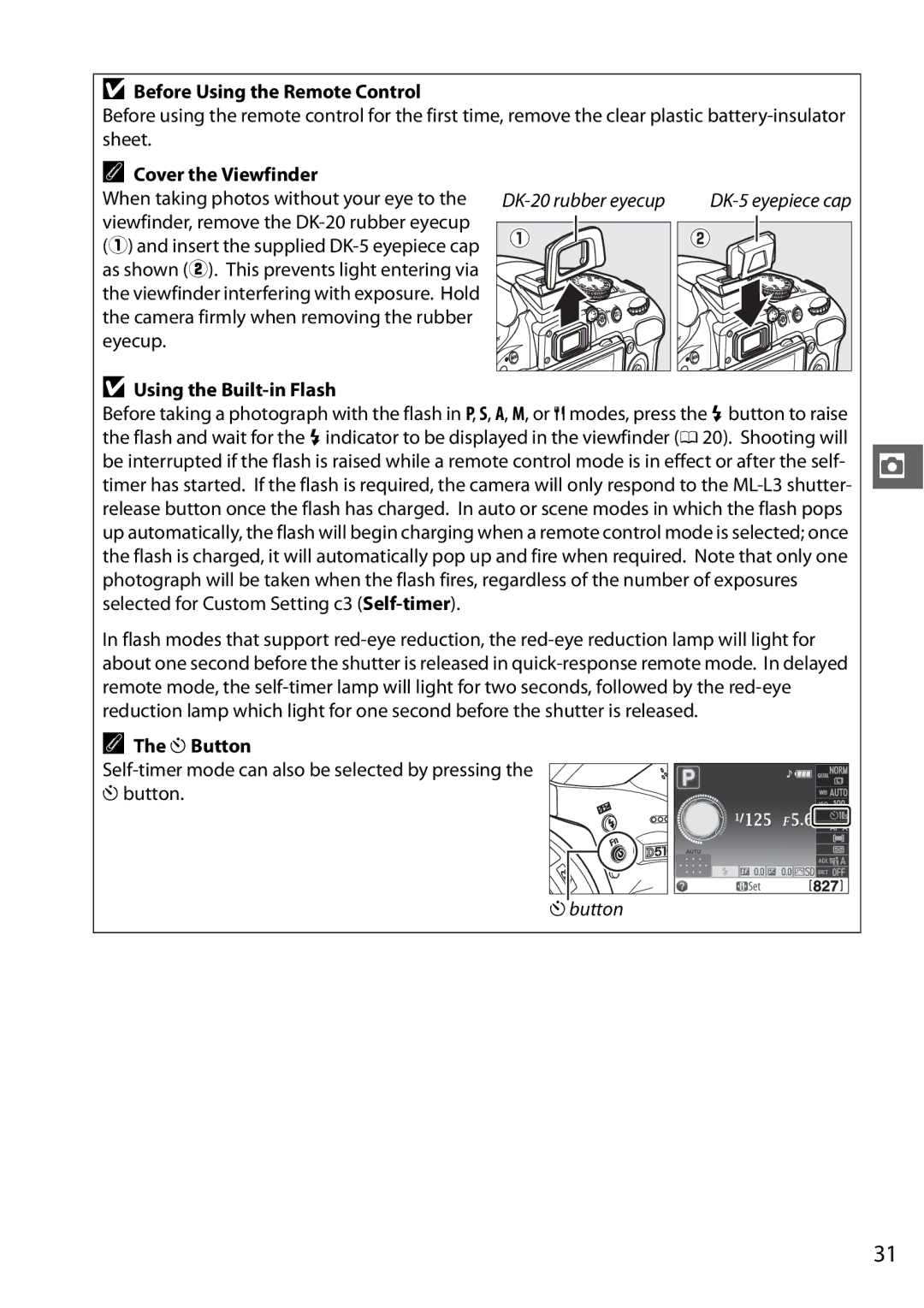 Nikon D5100, 25478B, 25476 Before Using the Remote Control, Cover the Viewfinder, Using the Built-in Flash, EButton 