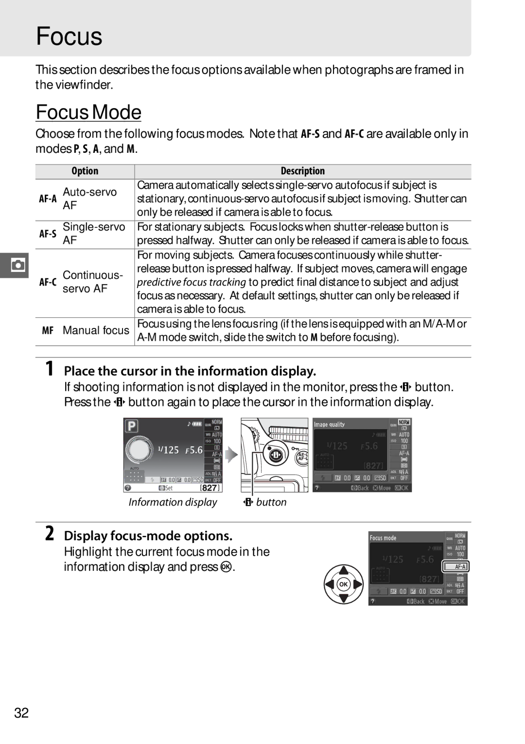 Nikon 25478B, D5100 (18-55mm Kit), D5100 1855mm Kit, 25476 user manual Focus Mode, Display focus-mode options 