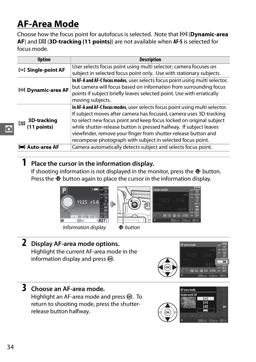 Nikon D5100, 25478 AF-Area Mode, Display AF-area mode options, Choose an AF-area mode, Option Description Single-point AF 