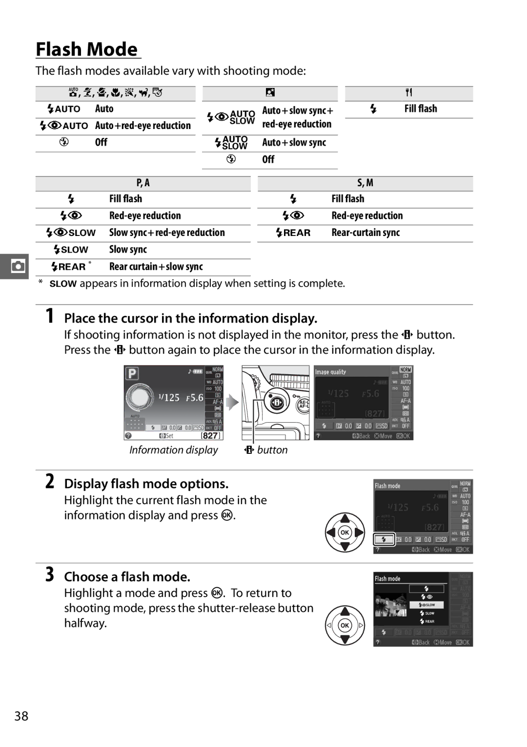 Nikon 25478B Flash Mode, Display flash mode options, Choose a flash mode, Flash modes available vary with shooting mode 