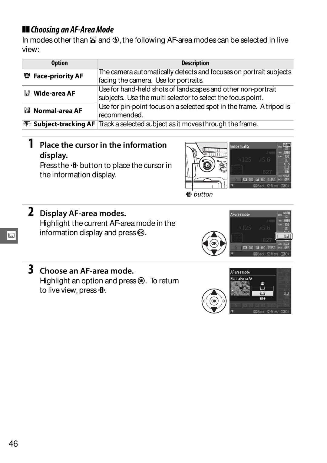 Nikon D5100 (18-55mm Kit), D5100 1855mm Kit, 25478B, 25476 user manual Choosing an AF-Area Mode, Display AF-area modes 