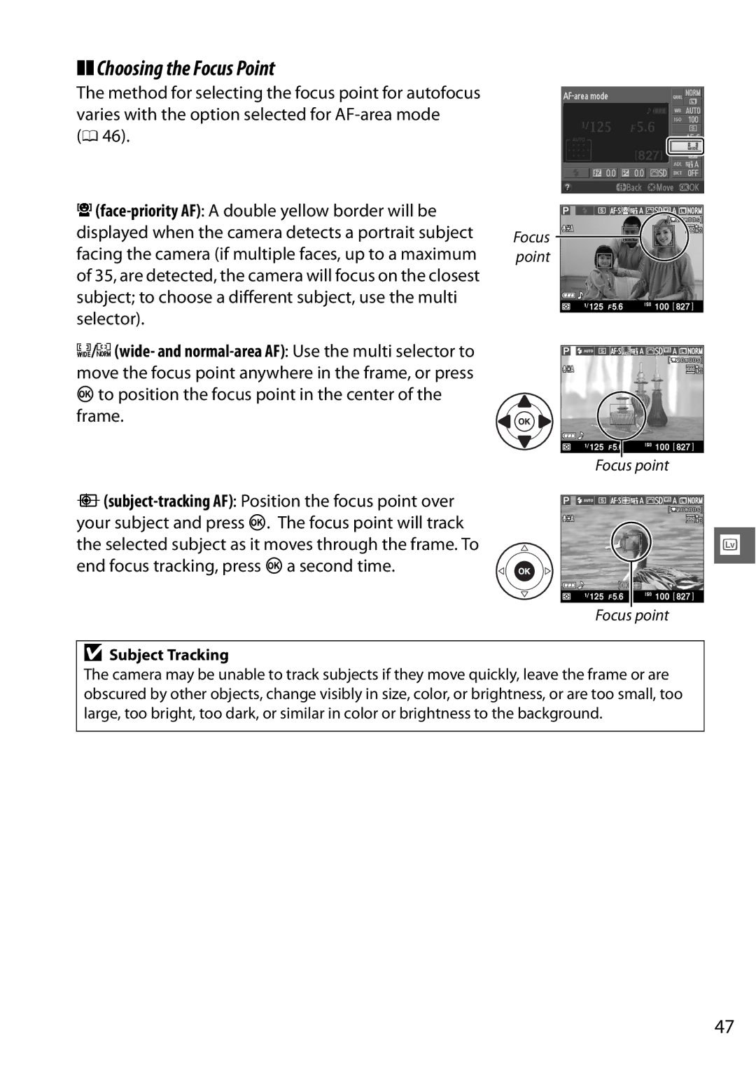 Nikon D5100 (18-55mm Kit), D5100 1855mm Kit, 25478B, 25476 user manual Choosing the Focus Point, Subject Tracking 