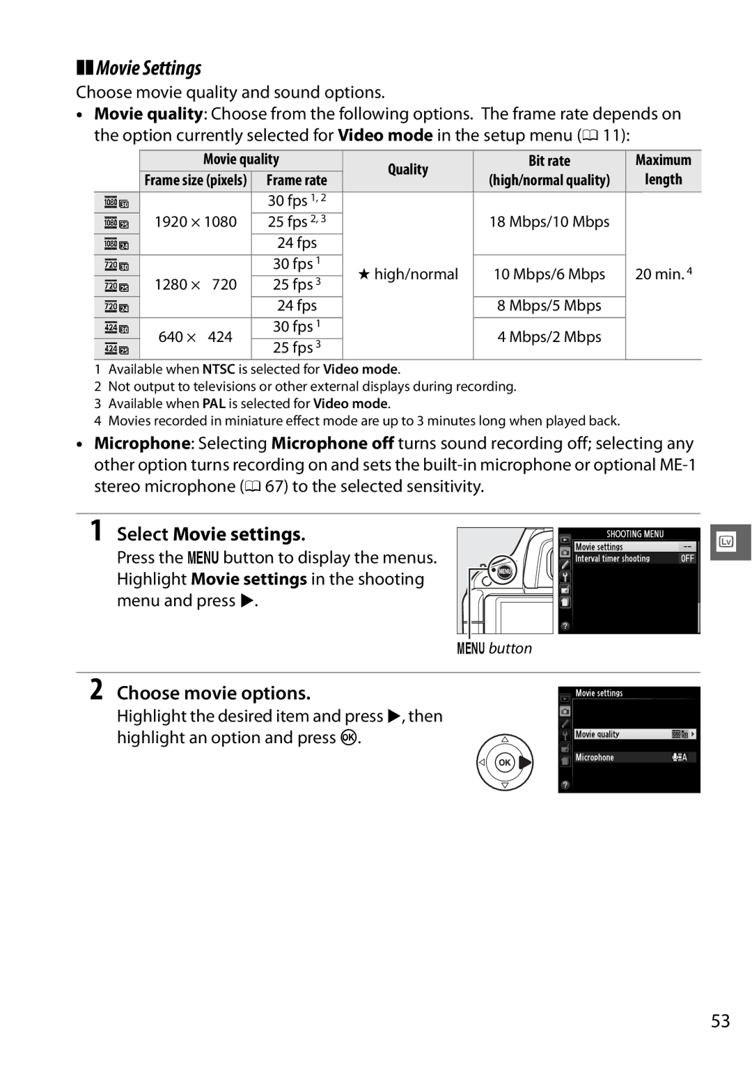 Nikon D5100 (18-55mm Kit), D5100 1855mm Kit, 25478B, 25476 Movie Settings, Select Movie settings, Choose movie options 