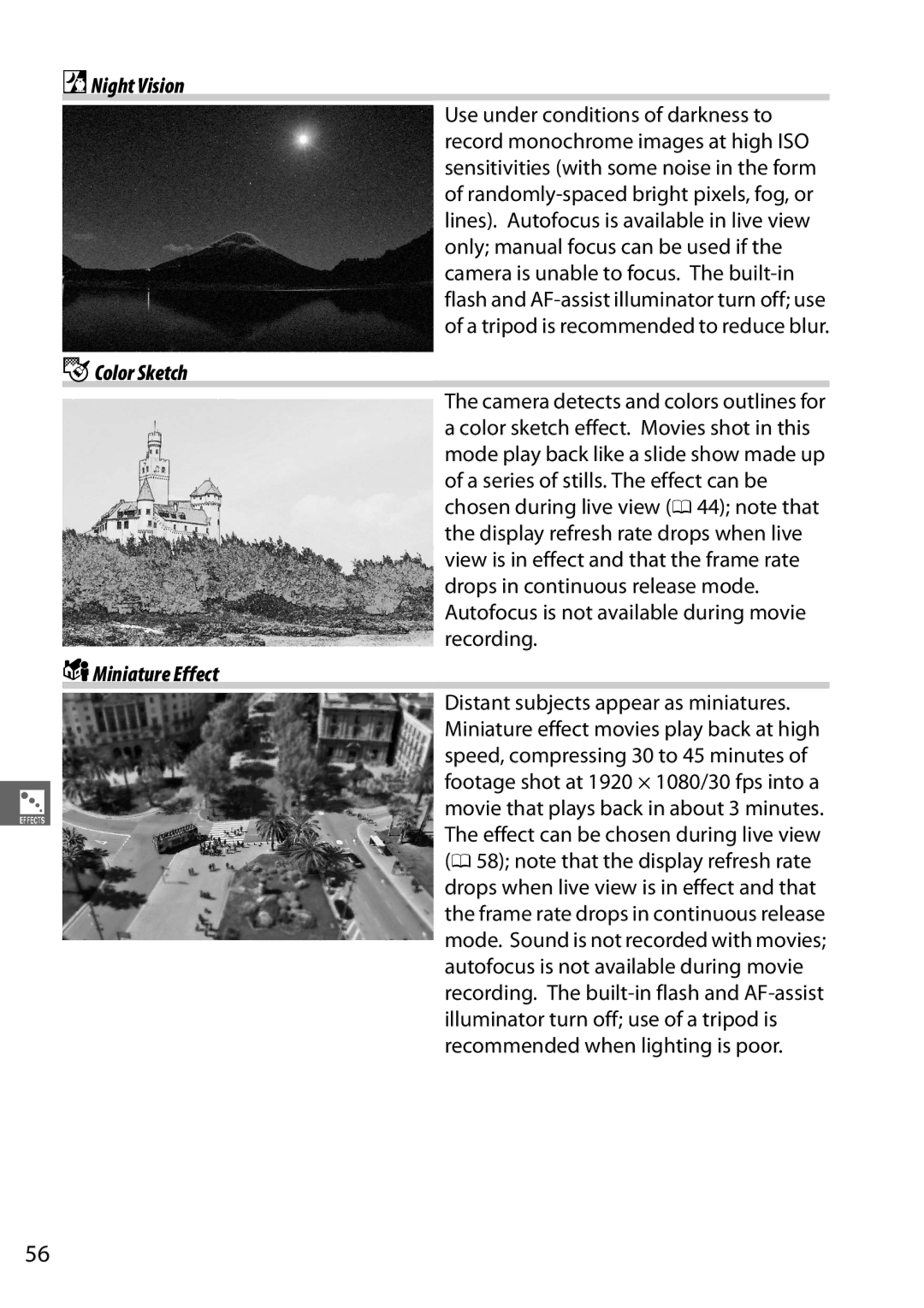 Nikon 25478B, D5100 (18-55mm Kit), D5100 1855mm Kit, 25476 user manual Night Vision, GColor Sketch, Miniature Effect 