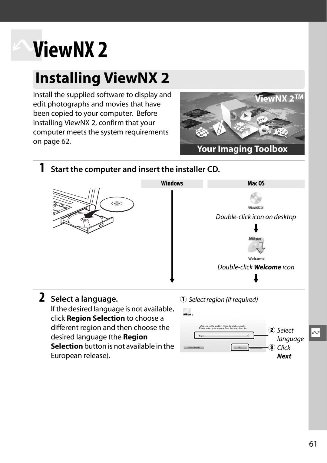 Nikon 25478, D5100 Installing ViewNX, Start the computer and insert the installer CD, Select a language, Windows Mac OS 