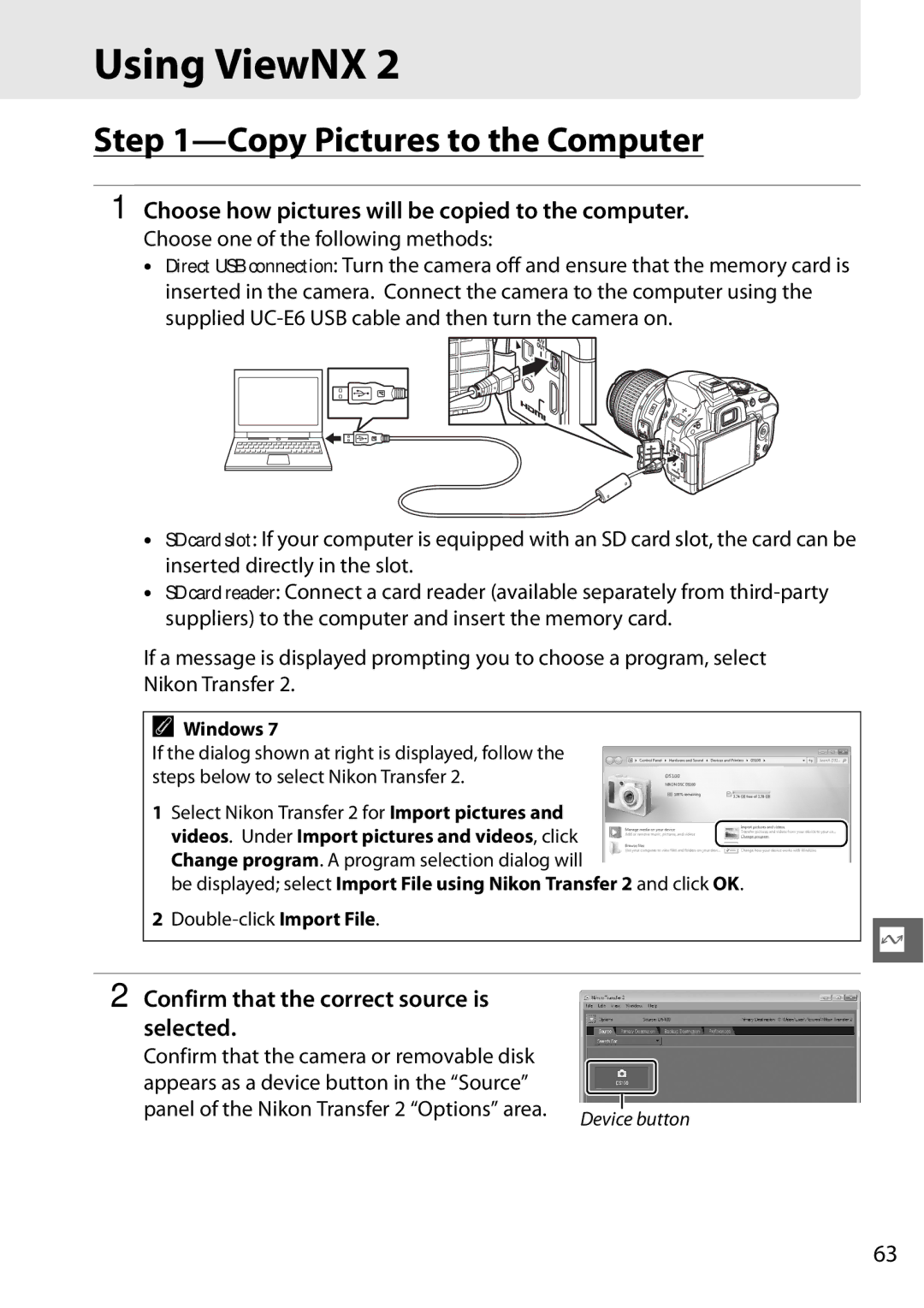 Nikon 25476, D5100, 25478 Using ViewNX, Copy Pictures to the Computer, Choose how pictures will be copied to the computer 