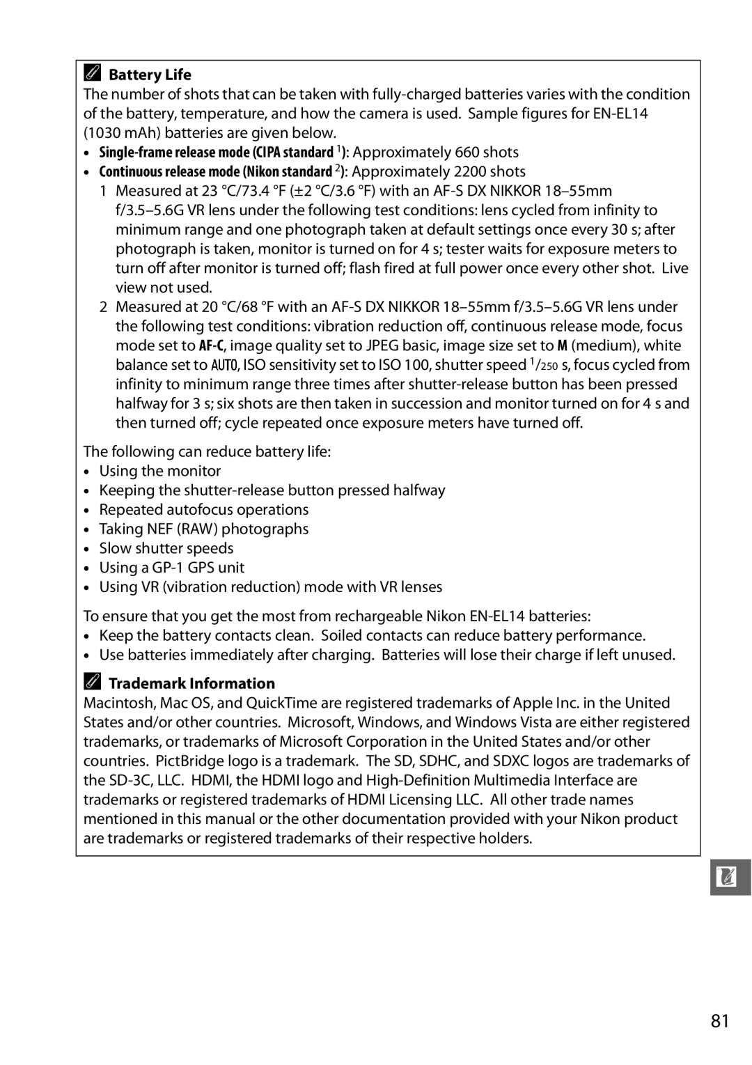 Nikon 25476, D5100 (18-55mm Kit), D5100 1855mm Kit, 25478B user manual Battery Life, Trademark Information 