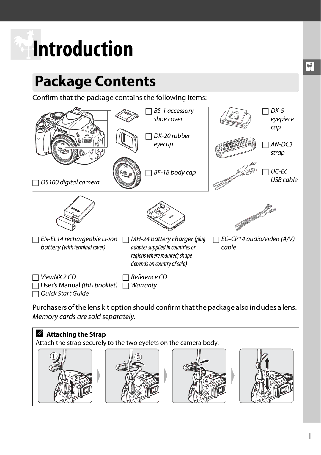 Nikon D5100 (18-55mm Kit), D5100 1855mm Kit, 25478B, 25476 user manual XIntroduction, Package Contents 