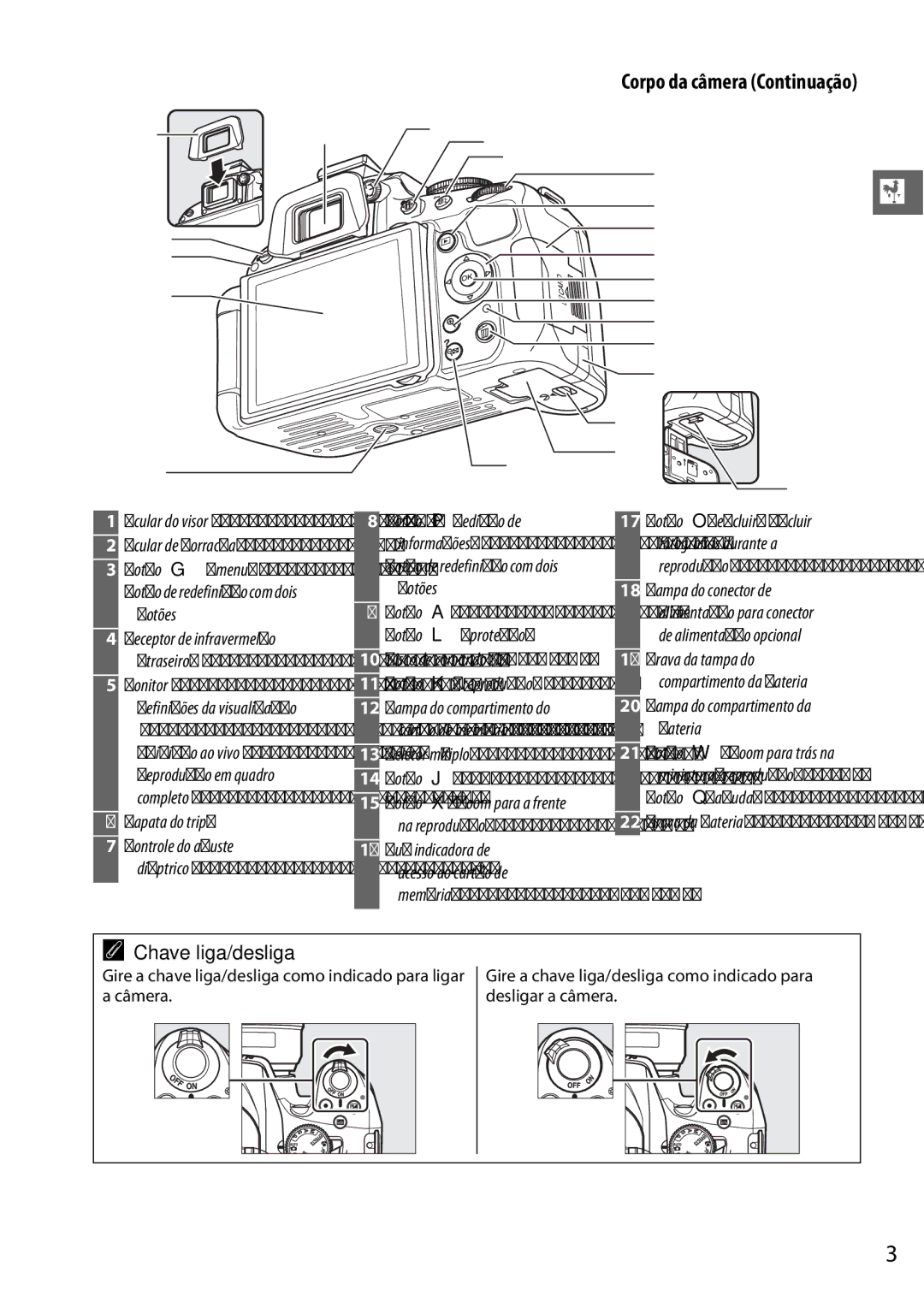 Nikon D5100 manual Corpo da câmera Continuação, Chave liga/desliga 
