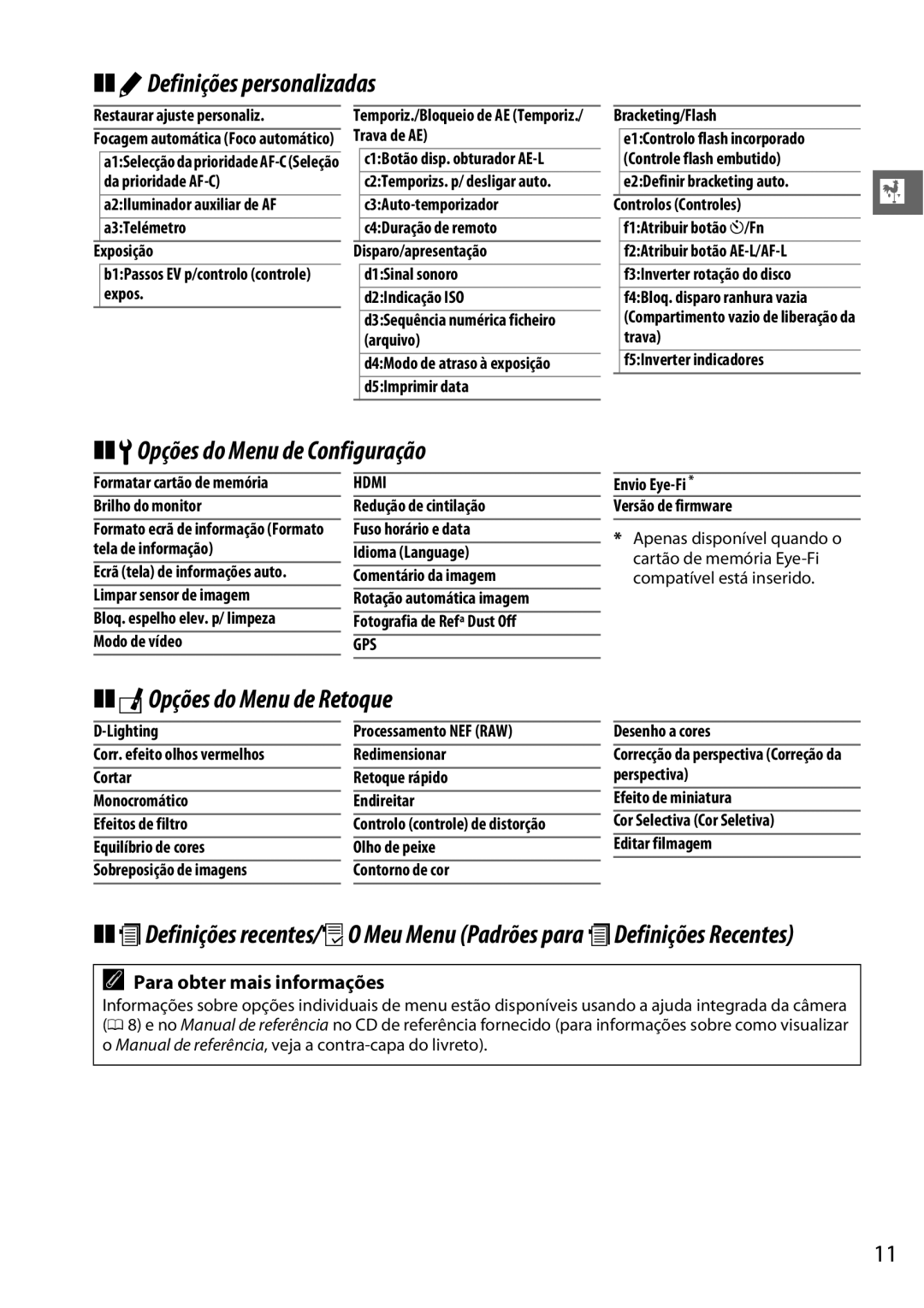 Nikon D5100 manual ADefinições personalizadas, BOpções do Menu de Configuração, NOpções do Menu de Retoque 