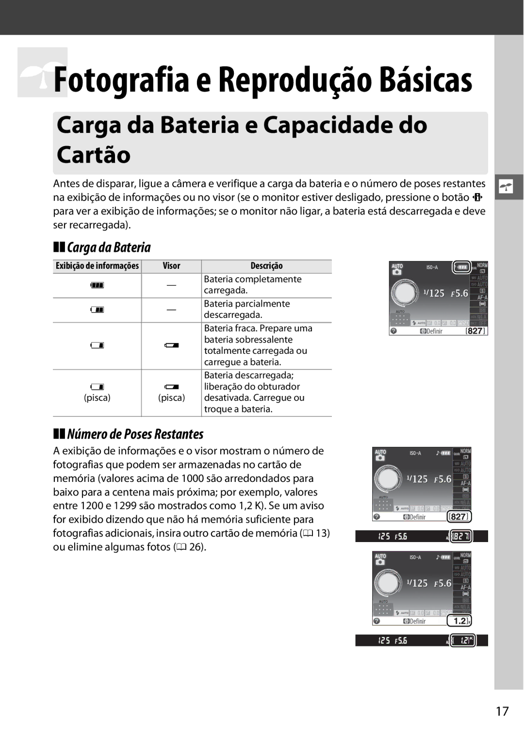 Nikon D5100 manual Carga da Bateria e Capacidade do Cartão, Número de Poses Restantes, Visor Descrição 