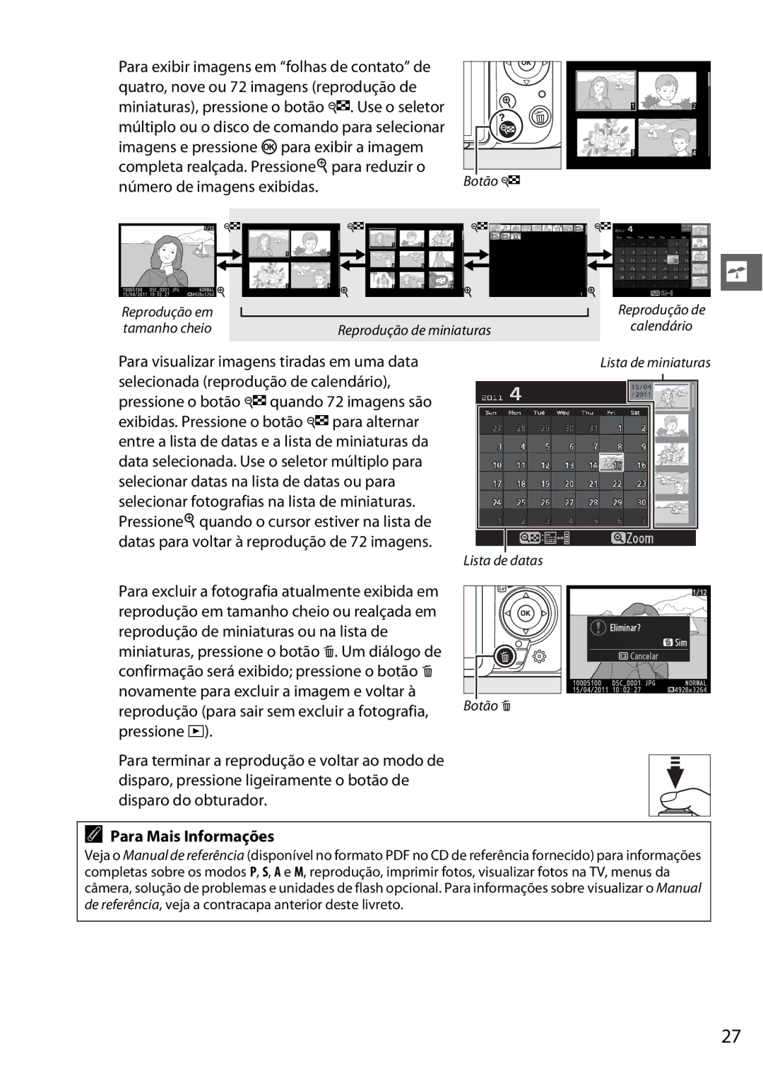 Nikon D5100 manual Para Mais Informações, Reprodução em Tamanho cheio Reprodução de miniaturas 