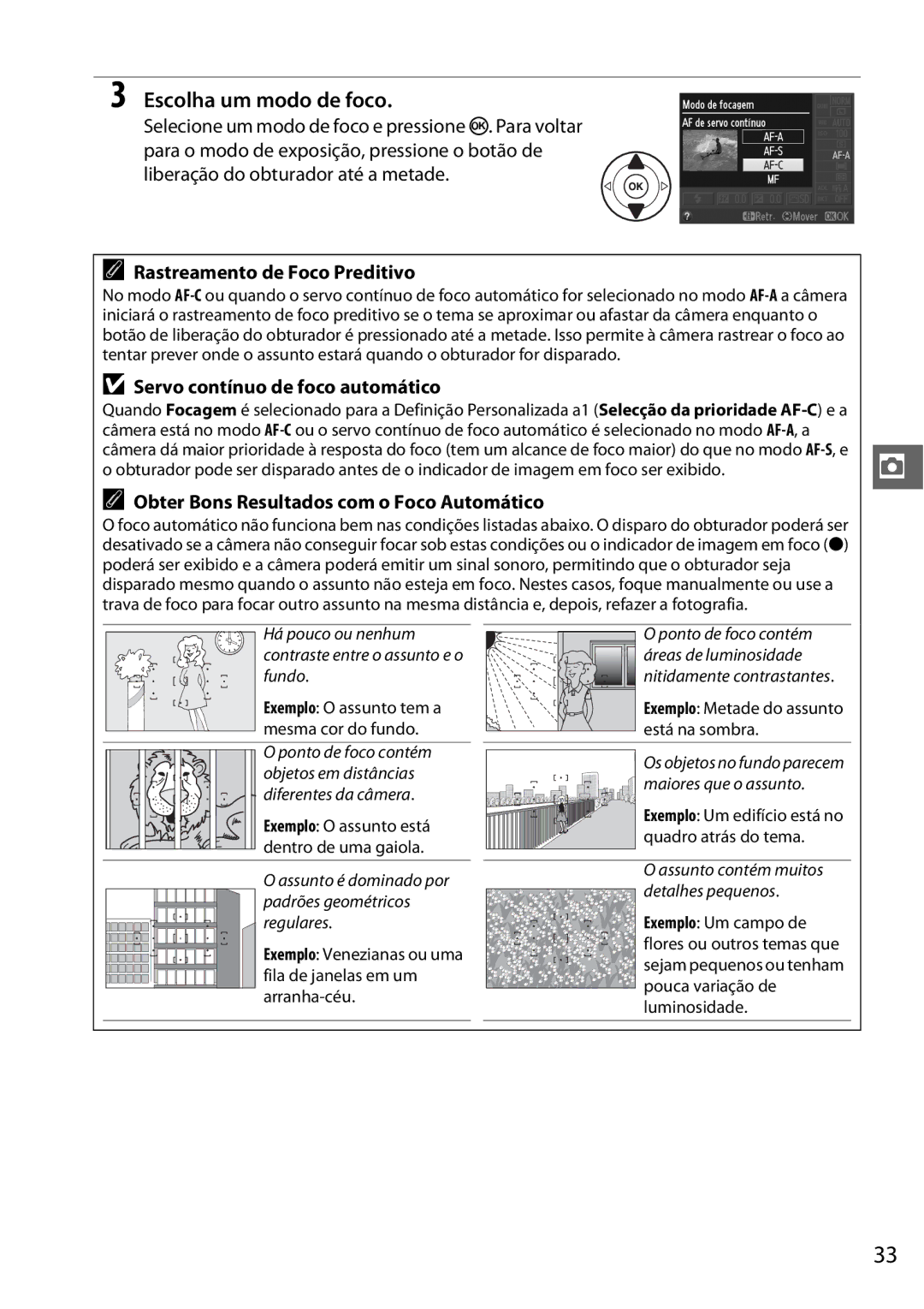 Nikon D5100 manual Escolha um modo de foco, Rastreamento de Foco Preditivo, Servo contínuo de foco automático 