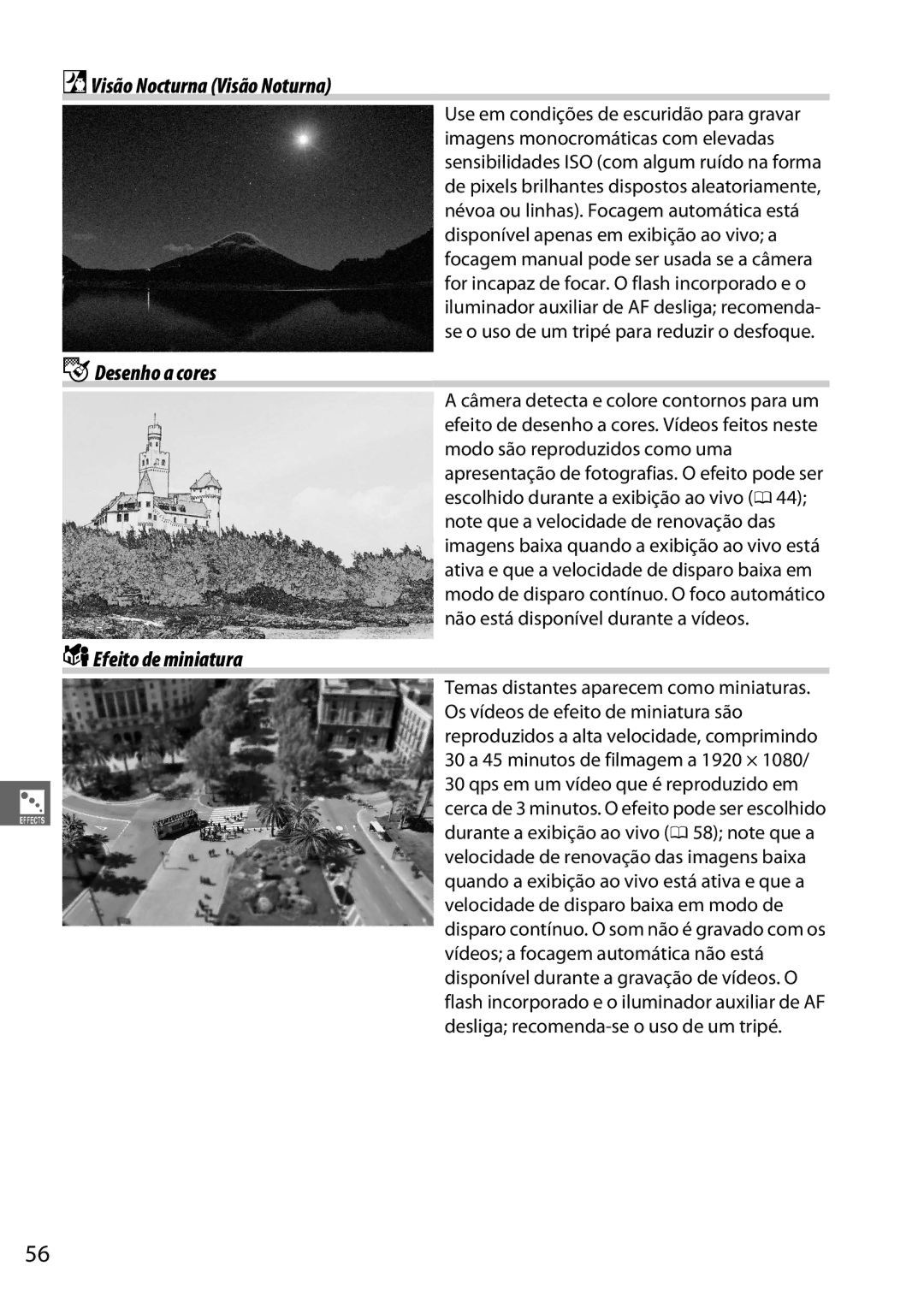 Nikon D5100 manual Visão Nocturna Visão Noturna, GDesenho a cores, Efeito de miniatura 