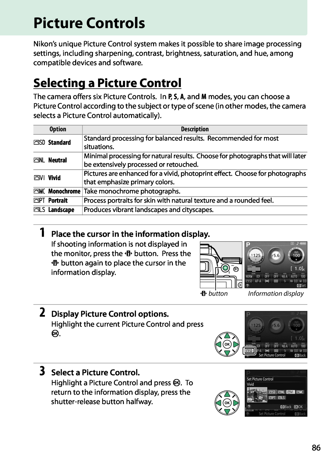 Nikon D5200 (18-105mm Kit), 1501, 1507, 1511 Picture Controls, Selecting a Picture Control, Display Picture Control options 