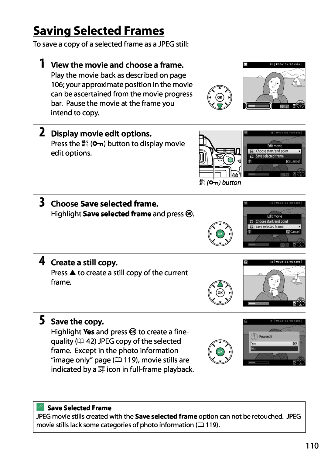 Nikon 1511 Saving Selected Frames, View the movie and choose a frame, Display movie edit options, Create a still copy 