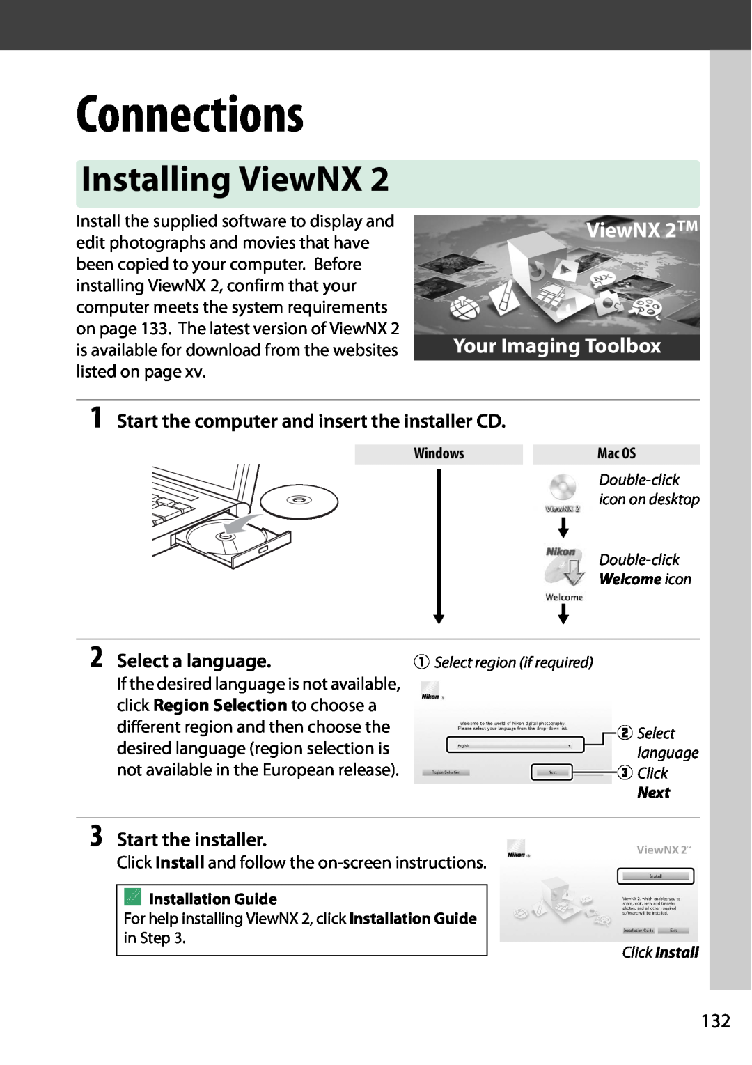 Nikon 1503 Connections, Installing ViewNX, Start the computer and insert the installer CD, Select a language, w Select 