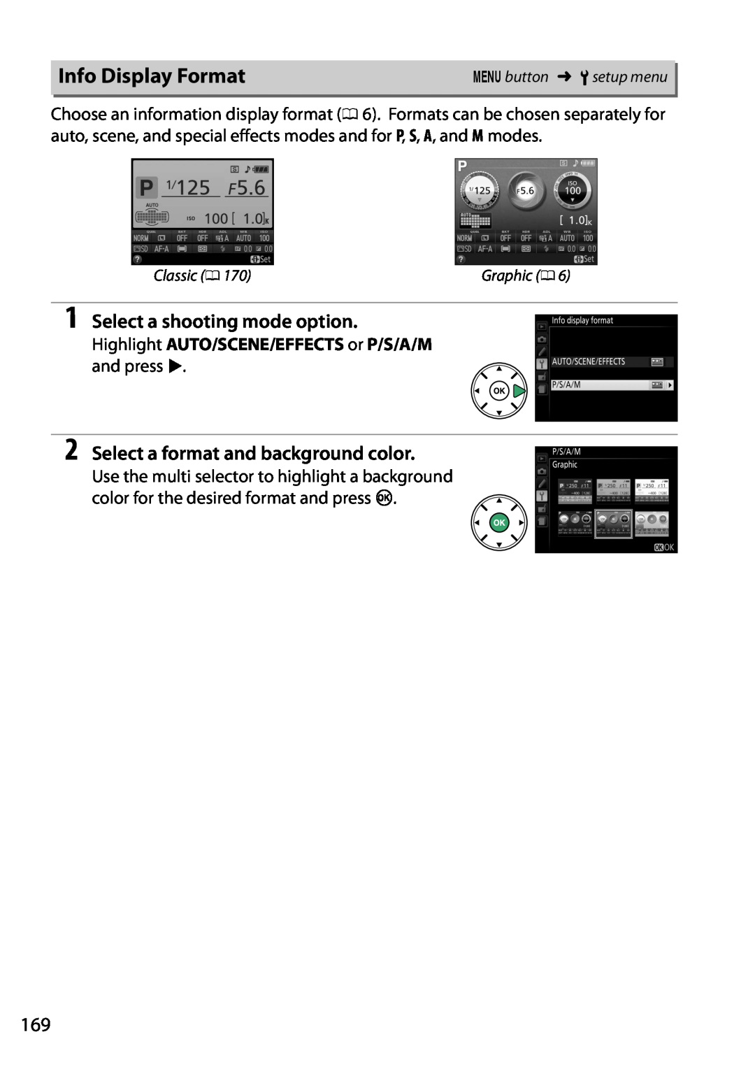 Nikon 1507 Info Display Format, Select a shooting mode option, Select a format and background color, Gbutton Bsetup menu 
