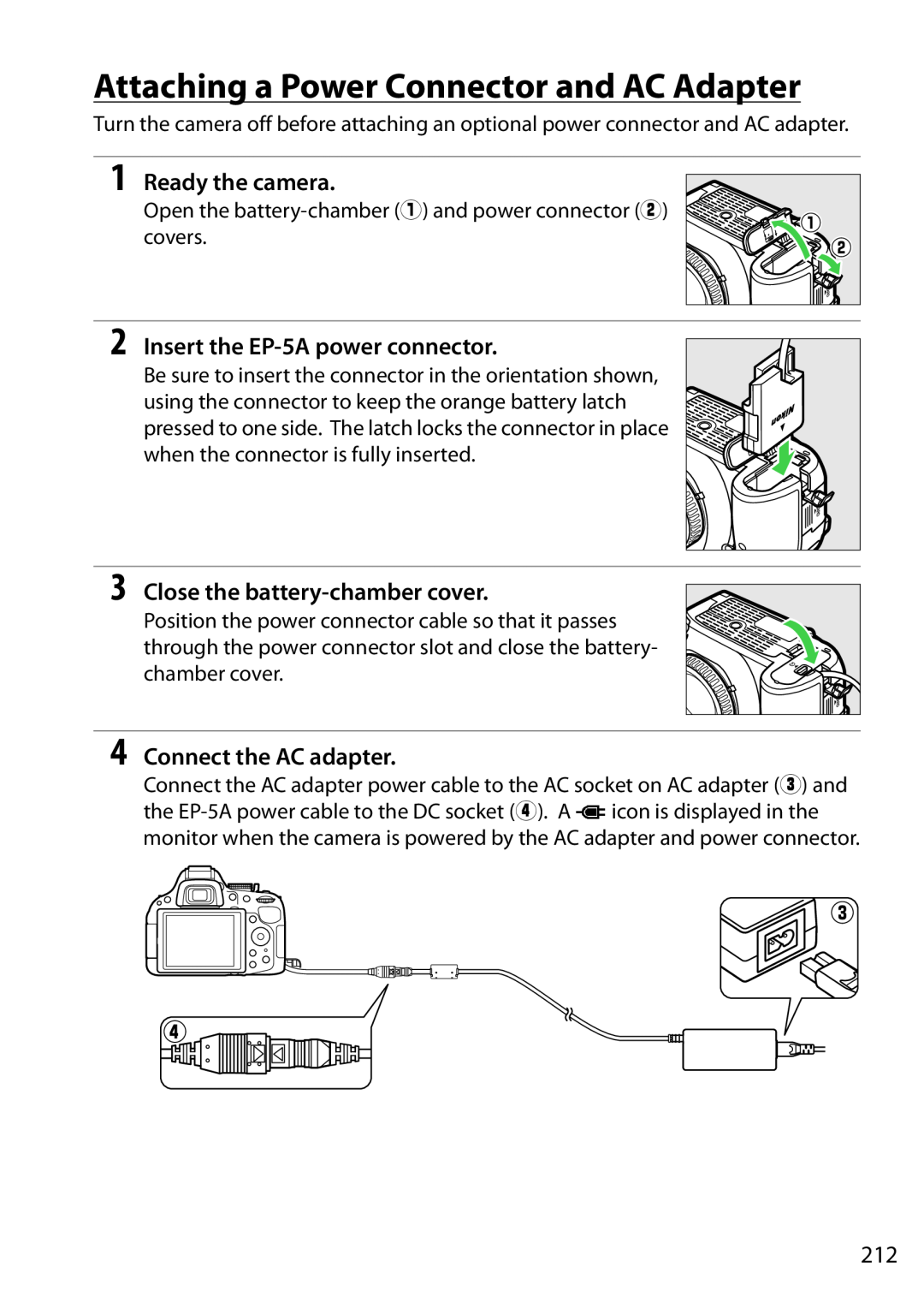 Nikon 1503 Attaching a Power Connector and AC Adapter, Insert the EP-5A power connector, Close the battery-chamber cover 