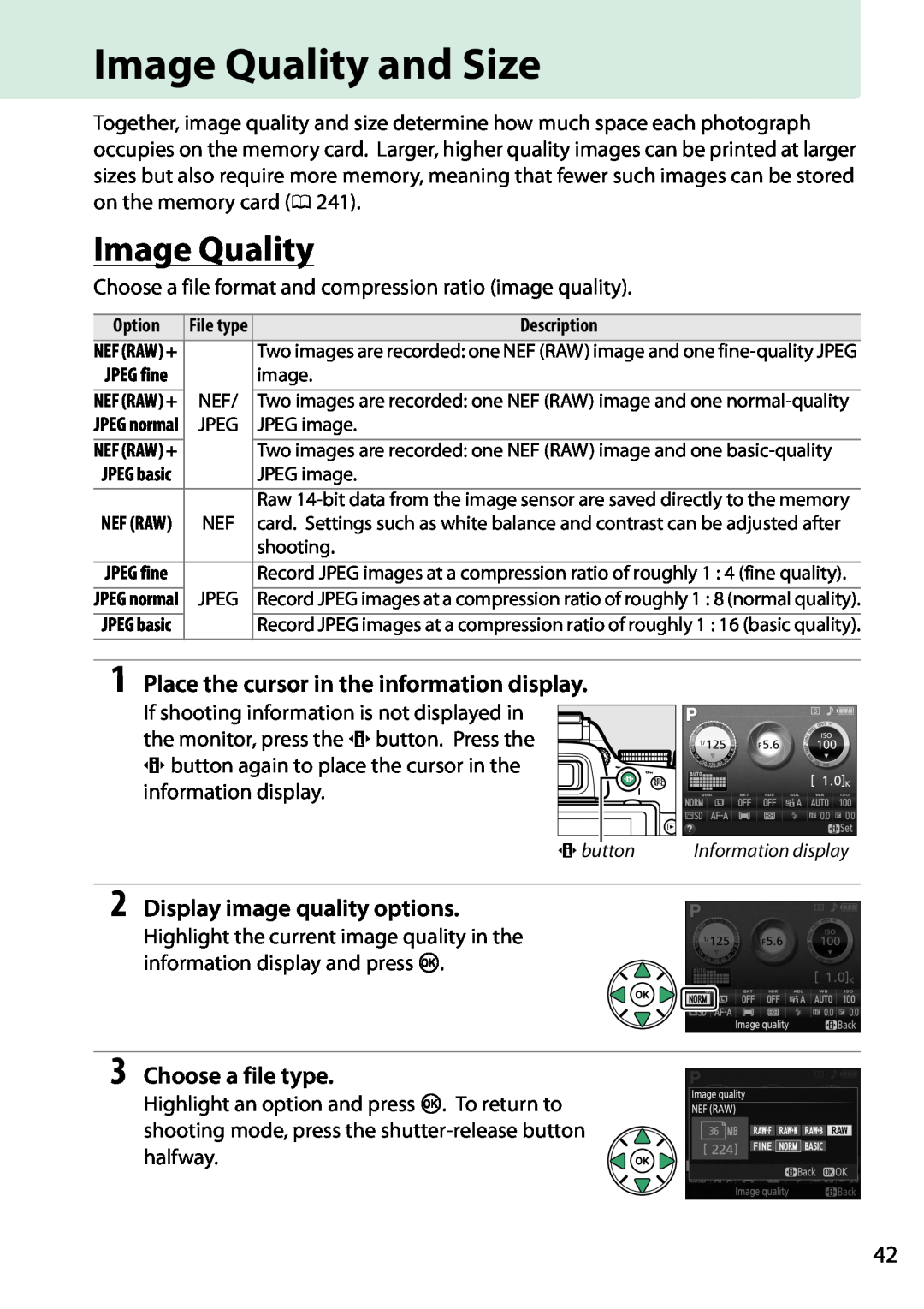 Nikon 1503, D5200 18105mm Kit, 1501, 1507, 1511 Image Quality and Size, Display image quality options, Choose a file type 