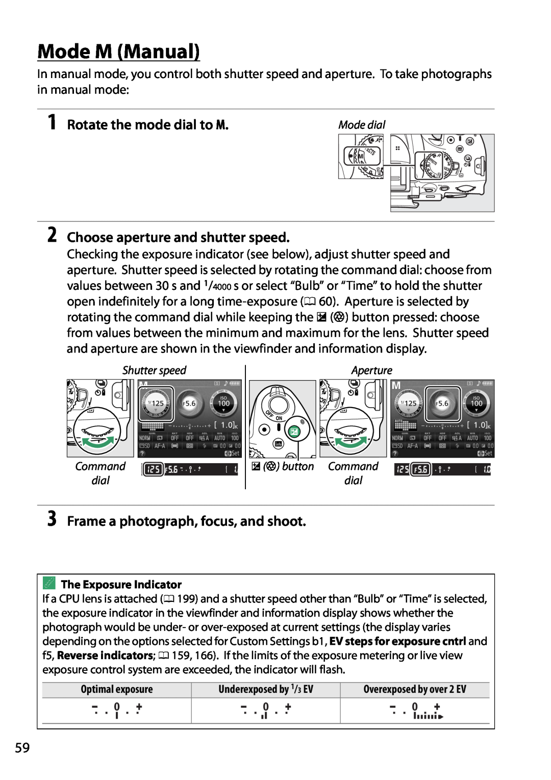 Nikon 1507 Mode M Manual, Rotate the mode dial to M, Choose aperture and shutter speed, Shutter speed, E N button Command 