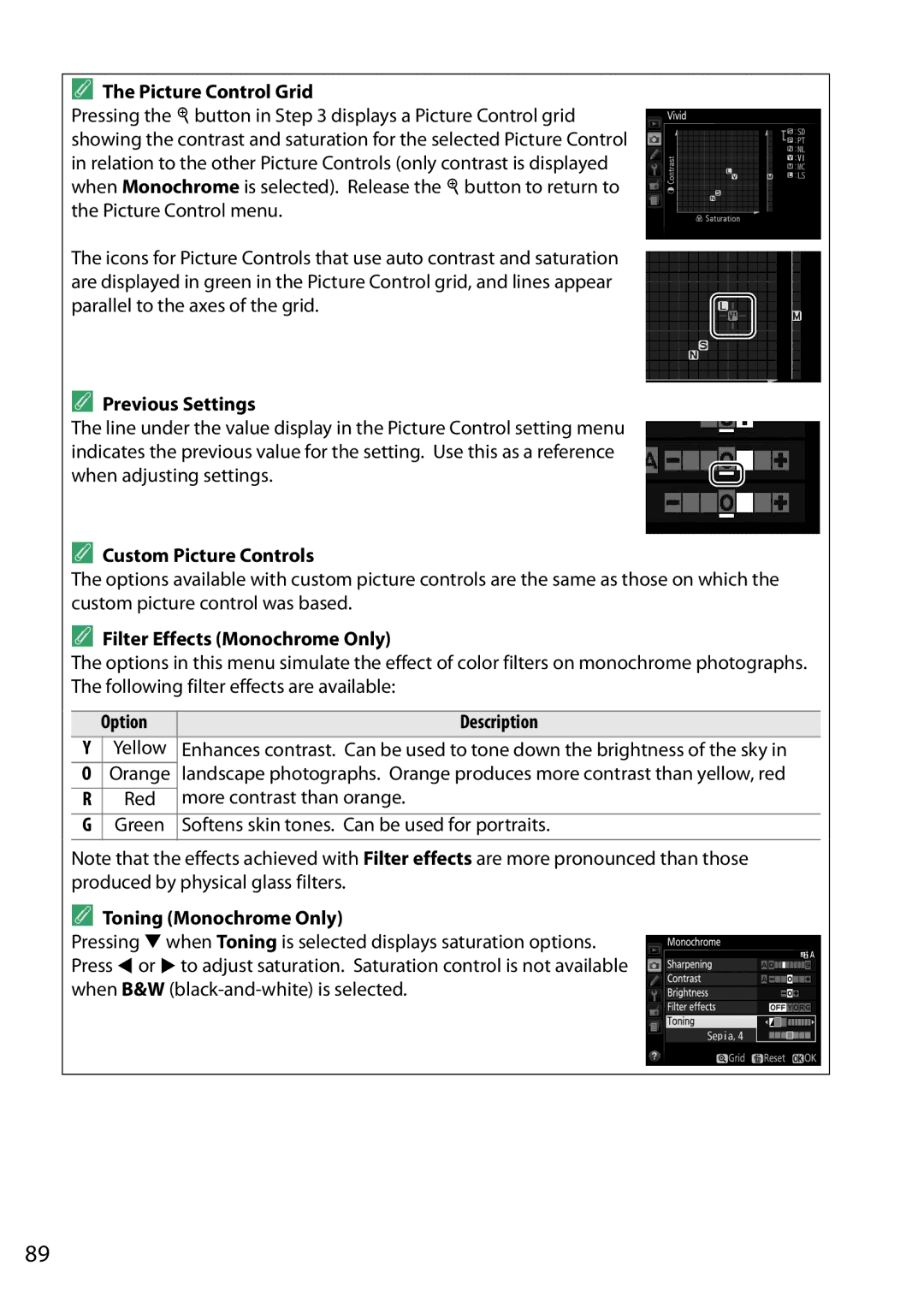 Nikon 1507, D5200, 1501 Picture Control Grid, Previous Settings, Custom Picture Controls, Filter Effects Monochrome Only 