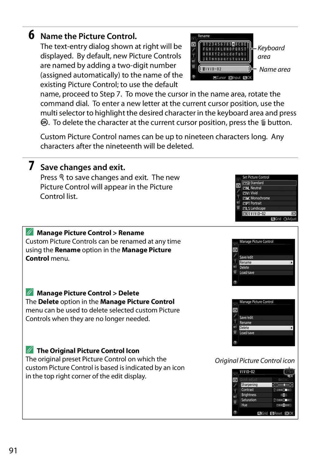 Nikon 13216, D5200 Name the Picture Control, Existing Picture Control to use the default, Manage Picture Control Rename 