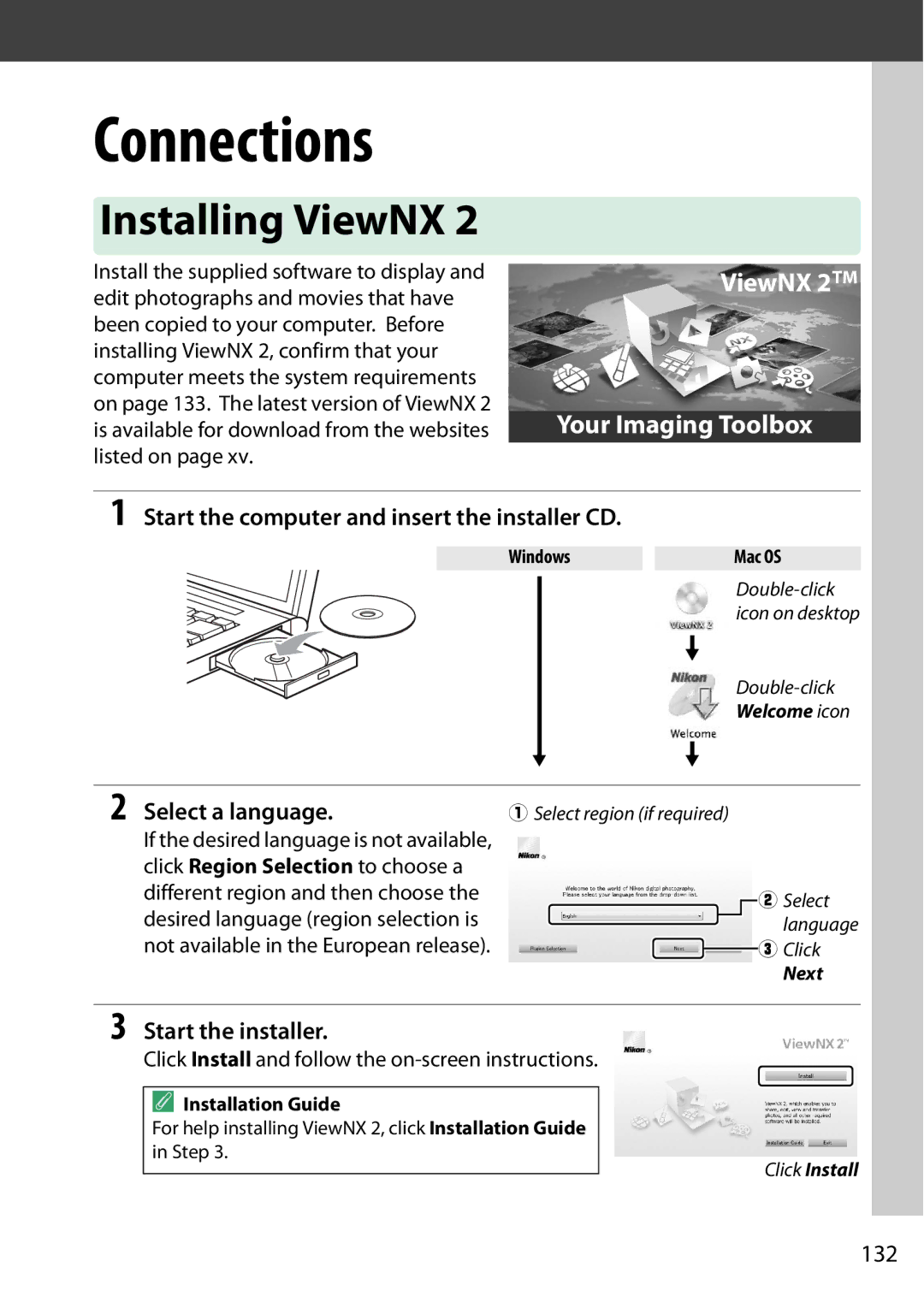 Nikon 1503 Installing ViewNX, Start the computer and insert the installer CD, Select a language, Start the installer, 132 