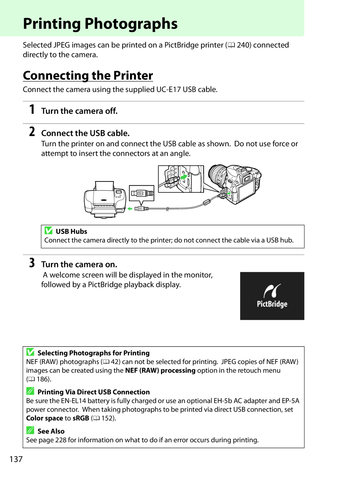 Nikon D5200 18-55mm Kit Black Printing Photographs, Connecting the Printer, Turn the camera off Connect the USB cable, 137 