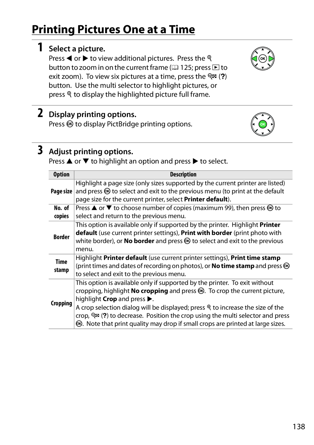 Nikon 1501, 1507 Printing Pictures One at a Time, Select a picture, Display printing options, Adjust printing options, 138 