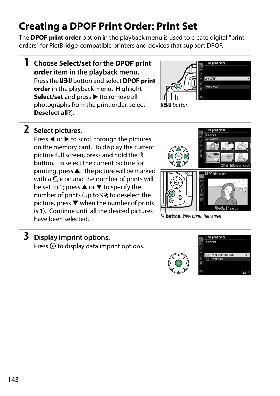 Nikon D5200, 1501, 1507, 1511 Creating a Dpof Print Order Print Set, Order item in the playback menu, Select pictures, 143 