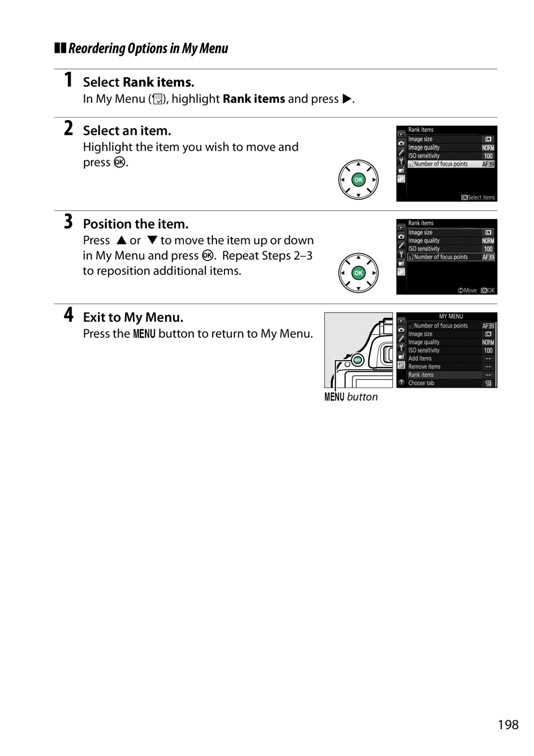 Nikon 1501, D5200, 1507, 1511, 1503 Reordering Options in My Menu, Select Rank items, Position the item, Exit to My Menu, 198 