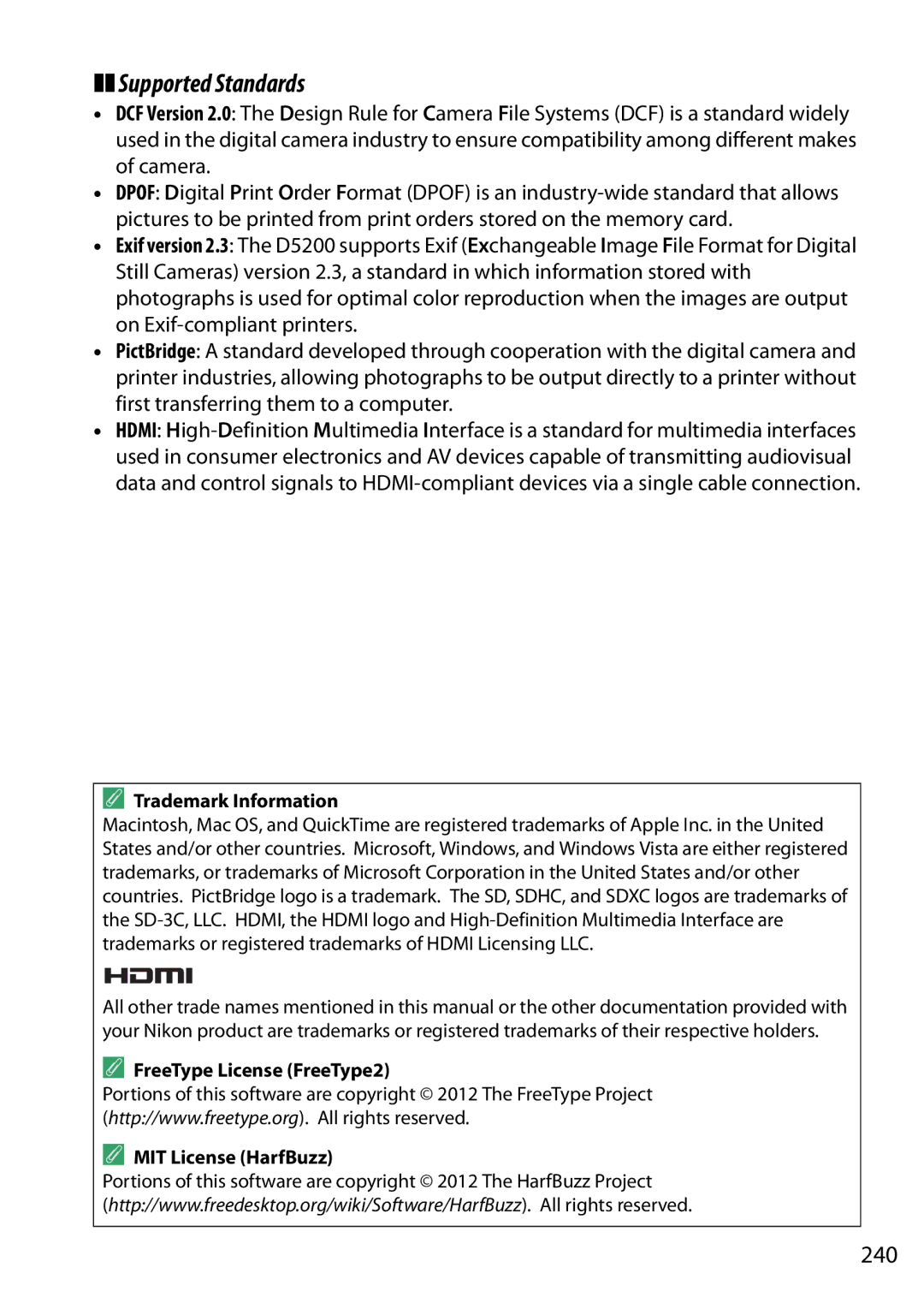 Nikon 1511, D5200, 1501 Supported Standards, 240, Trademark Information, FreeType License FreeType2 MIT License HarfBuzz 