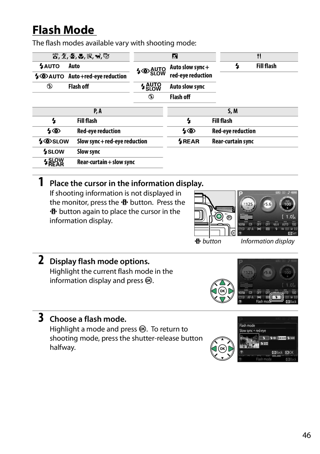 Nikon D5200 (18-105mm Kit), D5200 18105mm Kit, 1501, 1507, 1511 Flash Mode, Display flash mode options, Choose a flash mode 