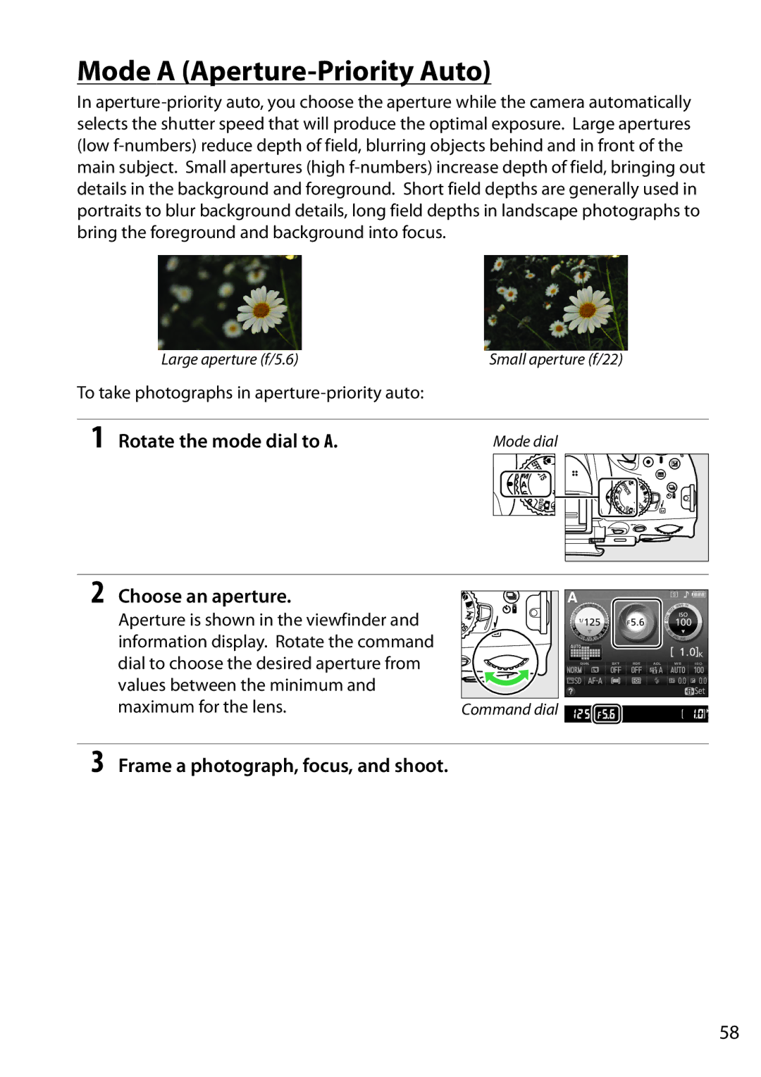 Nikon 1501, D5200, 1507 Mode a Aperture-Priority Auto, Choose an aperture, To take photographs in aperture-priority auto 