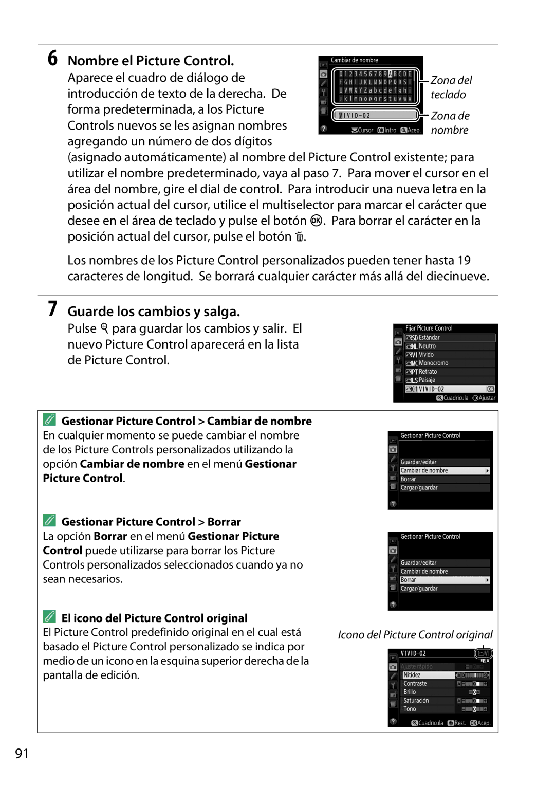 Nikon D5200 manual Nombre el Picture Control, El Picture Control predefinido original en el cual está, Pantalla de edición 
