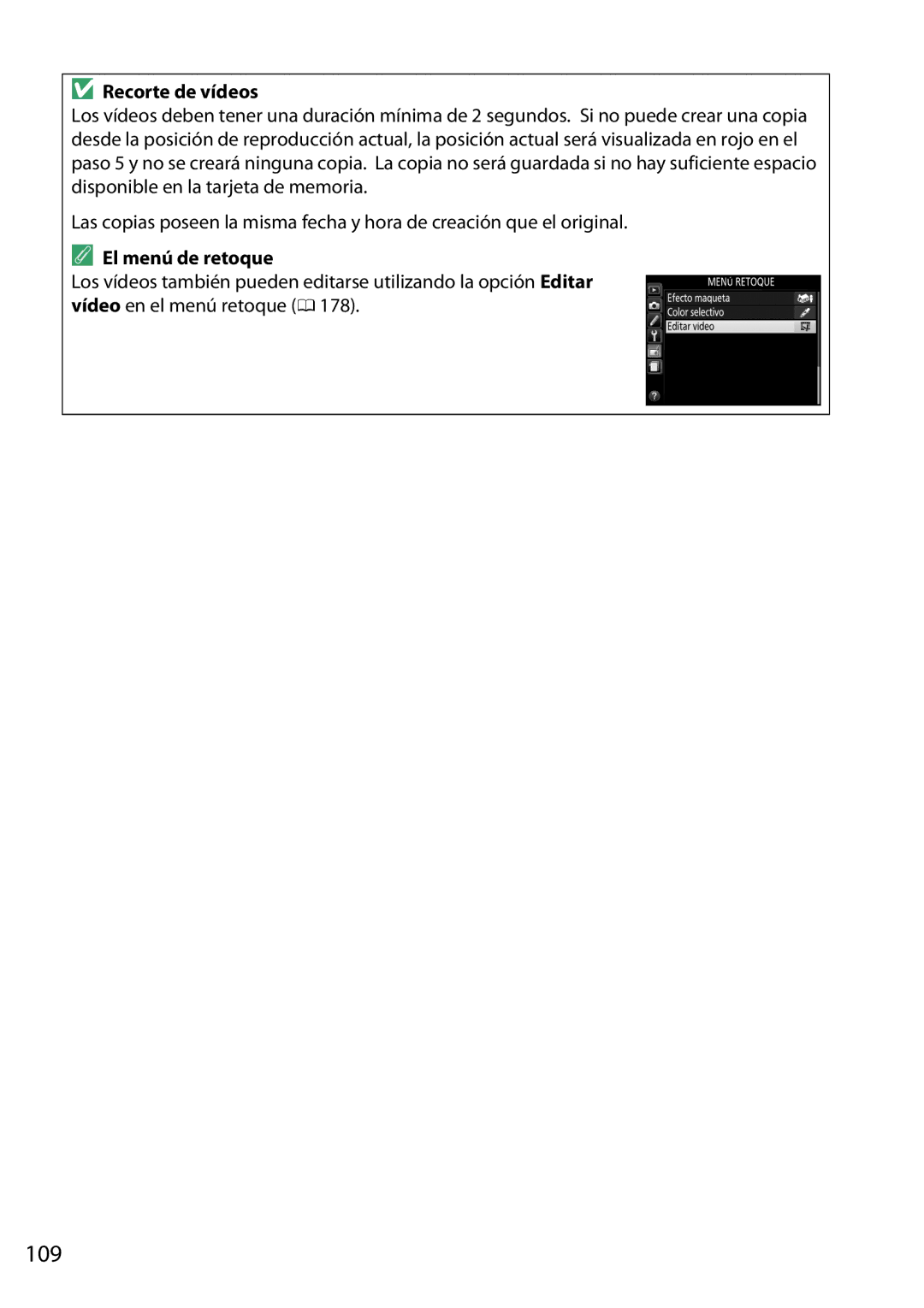 Nikon D5200 manual 109, Recorte de vídeos, El menú de retoque 