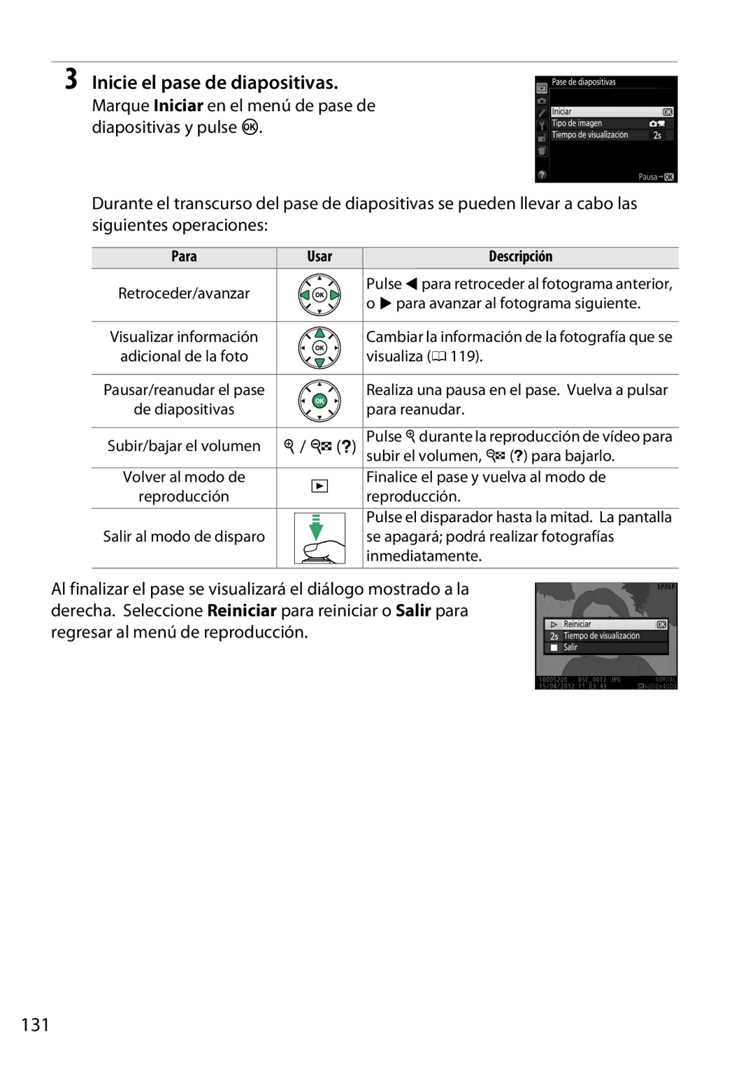 Nikon D5200 manual Inicie el pase de diapositivas, 131 