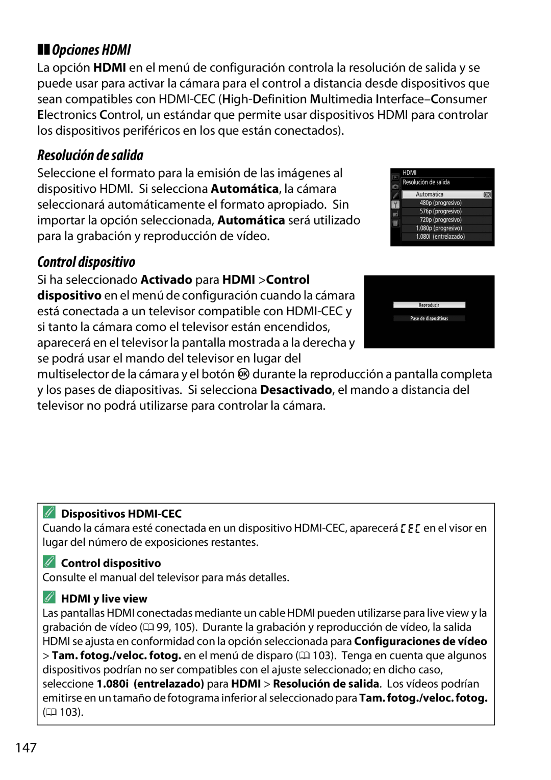 Nikon D5200 manual Opciones Hdmi, Resolución de salida, Control dispositivo, 147 