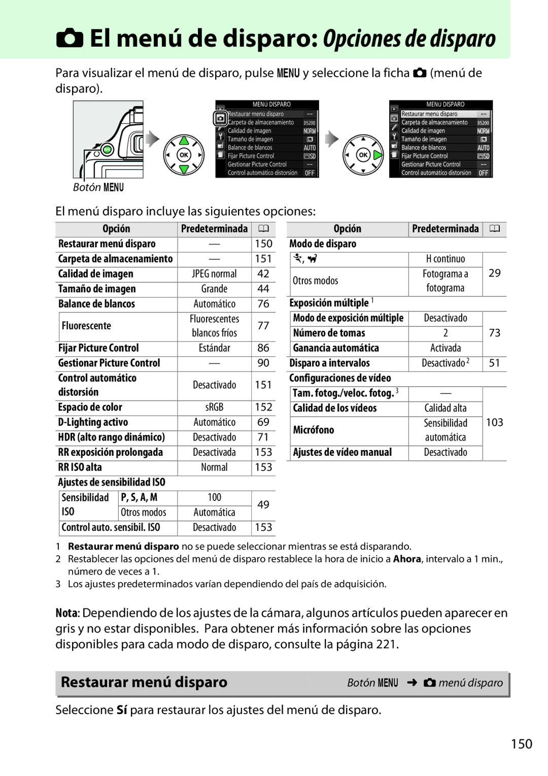 Nikon D5200 manual Restaurar menú disparo, 150, El menú disparo incluye las siguientes opciones 